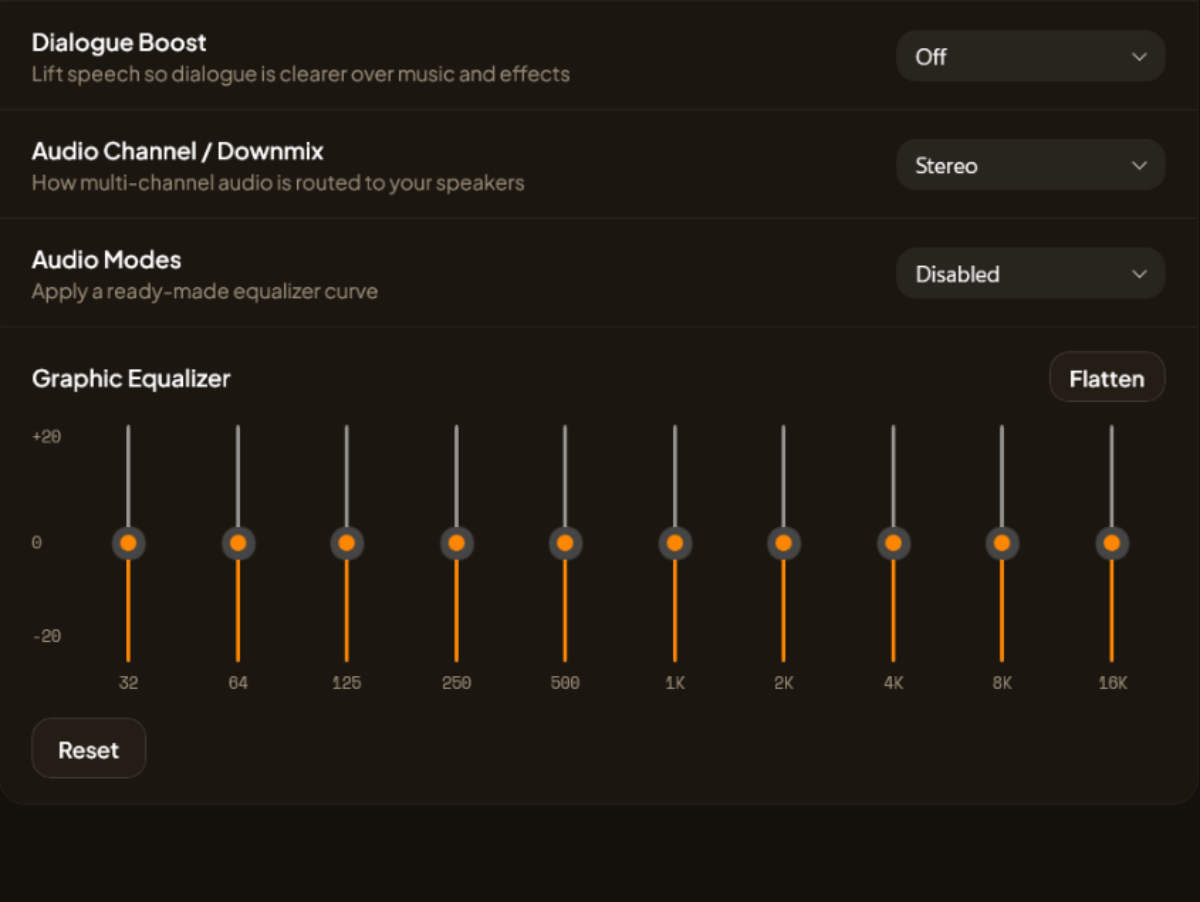 AIX Player's audio settings, showing Dialogue Boost, audio channel downmix and a ten-band graphic equalizer