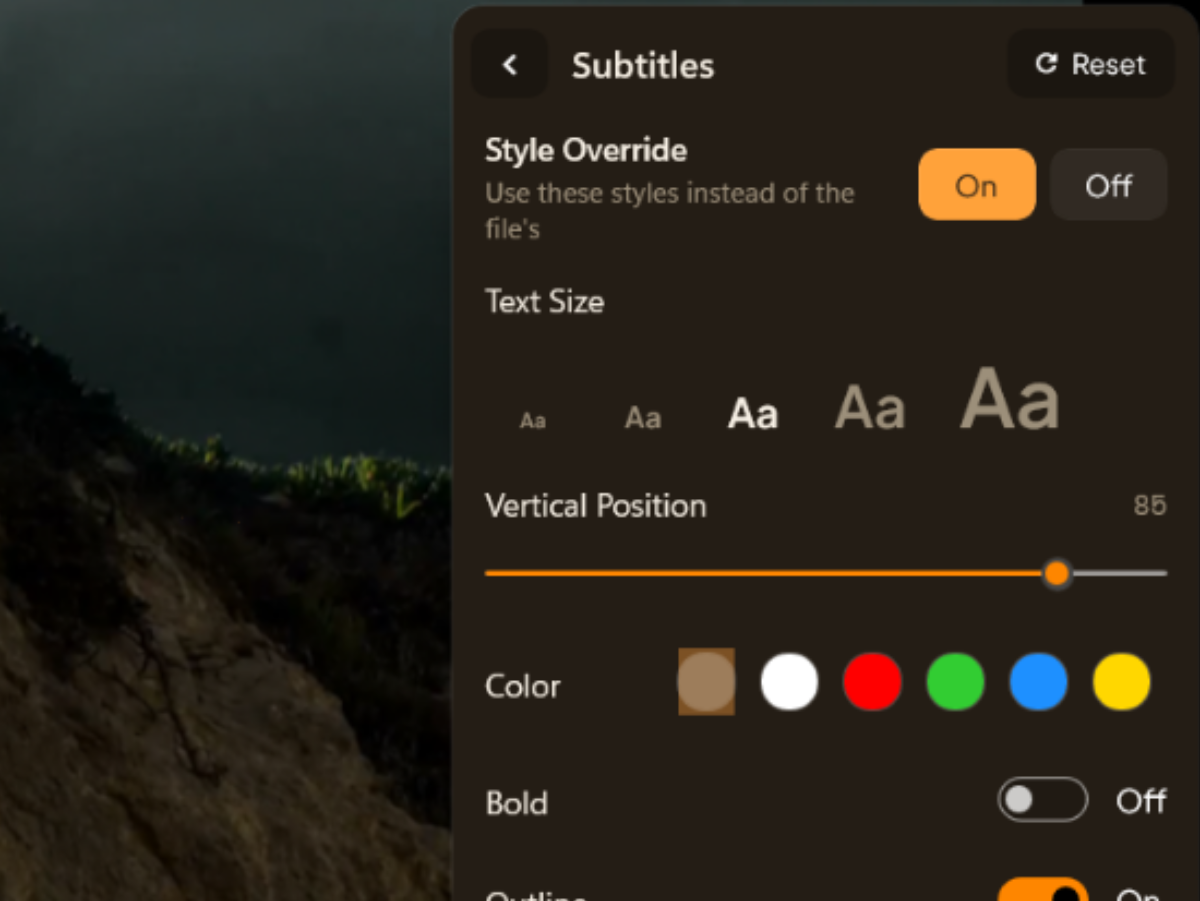 AIX Player's subtitle panel, with style override, text size, vertical position, colour and outline controls