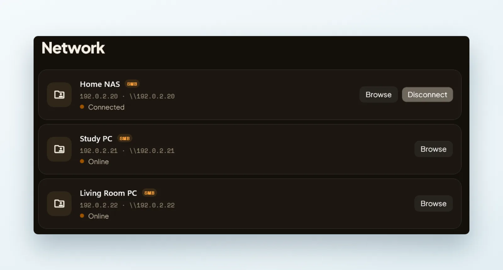 AIX Player Network page listing a home NAS and two Windows PCs to browse