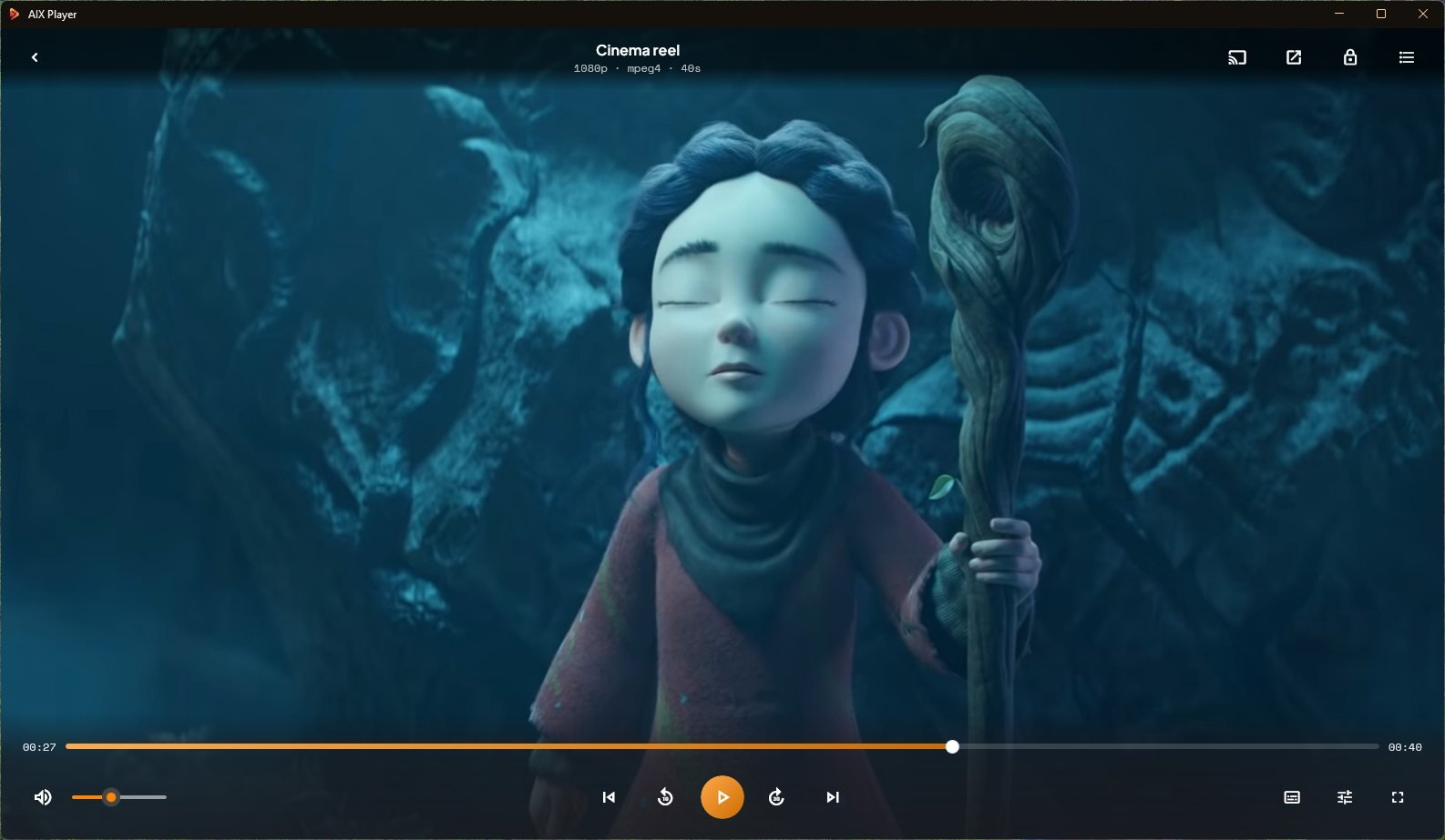 AIX Player on Windows playing the Blender short film Spring, with the playback, volume and casting controls