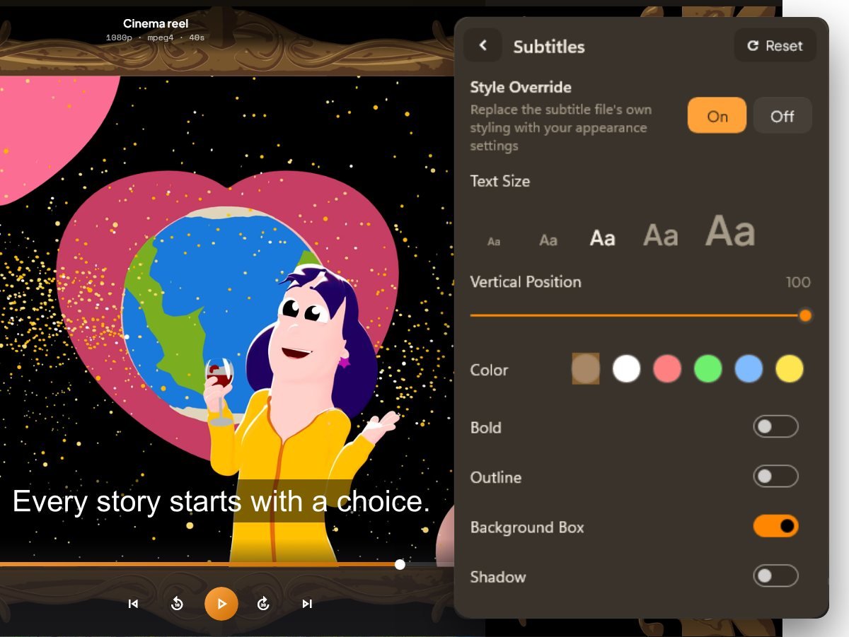 AIX Player's subtitle panel, with the text size, vertical position, colour, bold, outline, background box and shadow controls, beside a subtitled scene from Glass Half