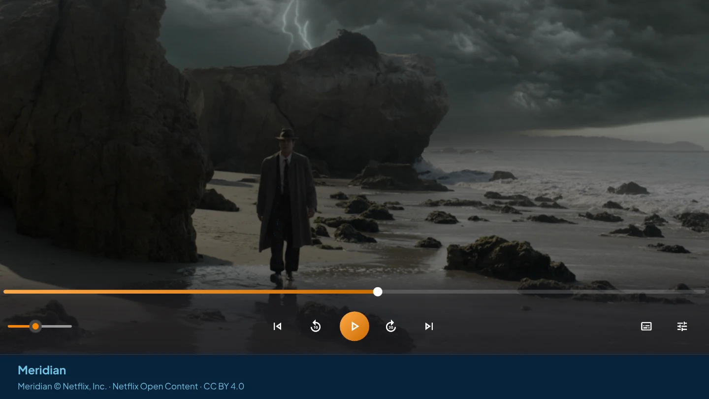 AIX Player showing a storm over a rocky beach from the HDR P3 PQ version of Meridian, with its timeline and playback controls visible.