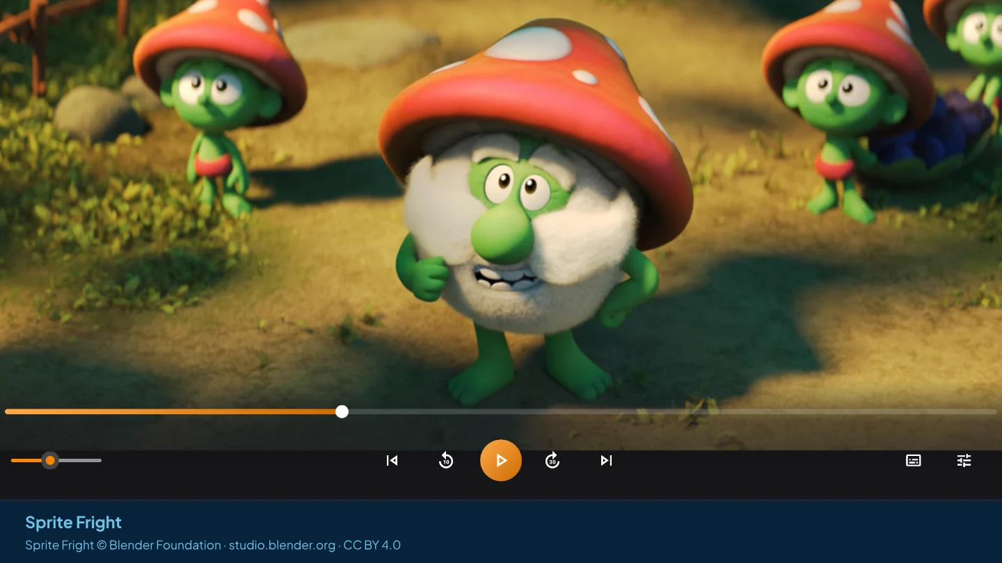 AIX Player showing mushroom-capped forest sprites in a sunlit clearing, from the Blender film Sprite Fright, with its timeline and playback controls visible.