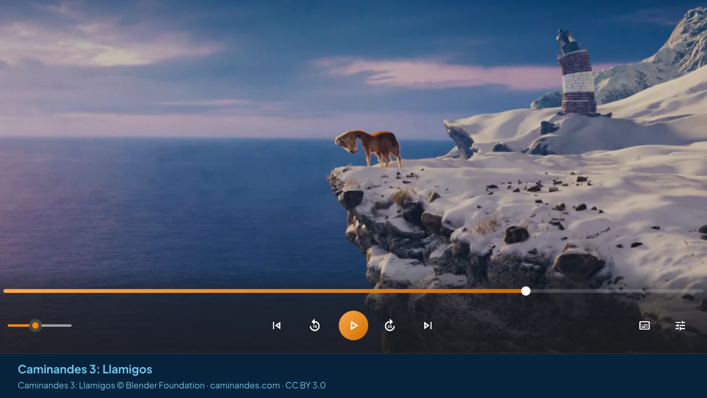 AIX Player showing a llama on a snowy sea cliff at dusk, beside a lighthouse, from the Blender film Caminandes 3: Llamigos, with its timeline and playback controls visible.