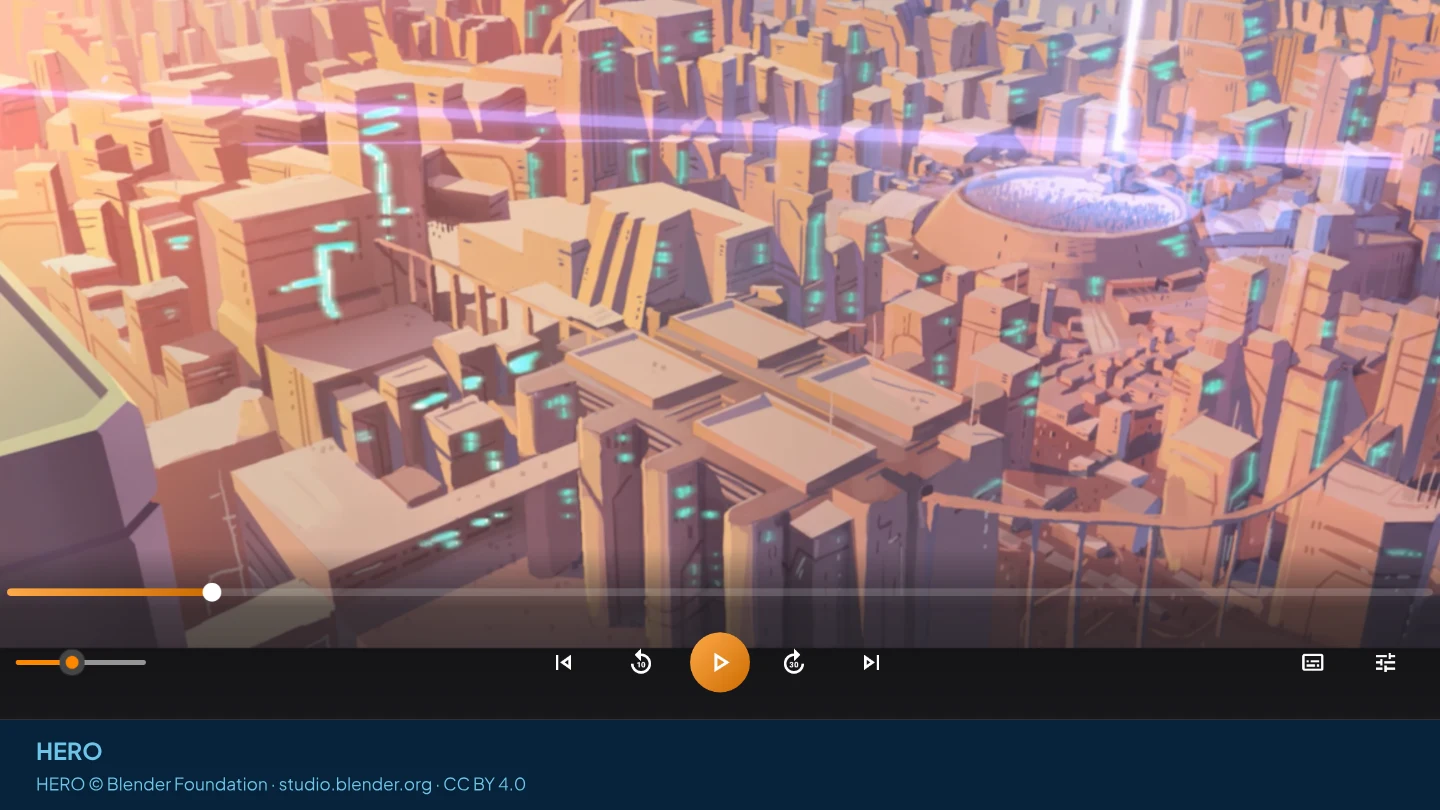 AIX Player showing an aerial view of a city of terracotta towers, from the Blender film HERO, with its timeline and playback controls visible.
