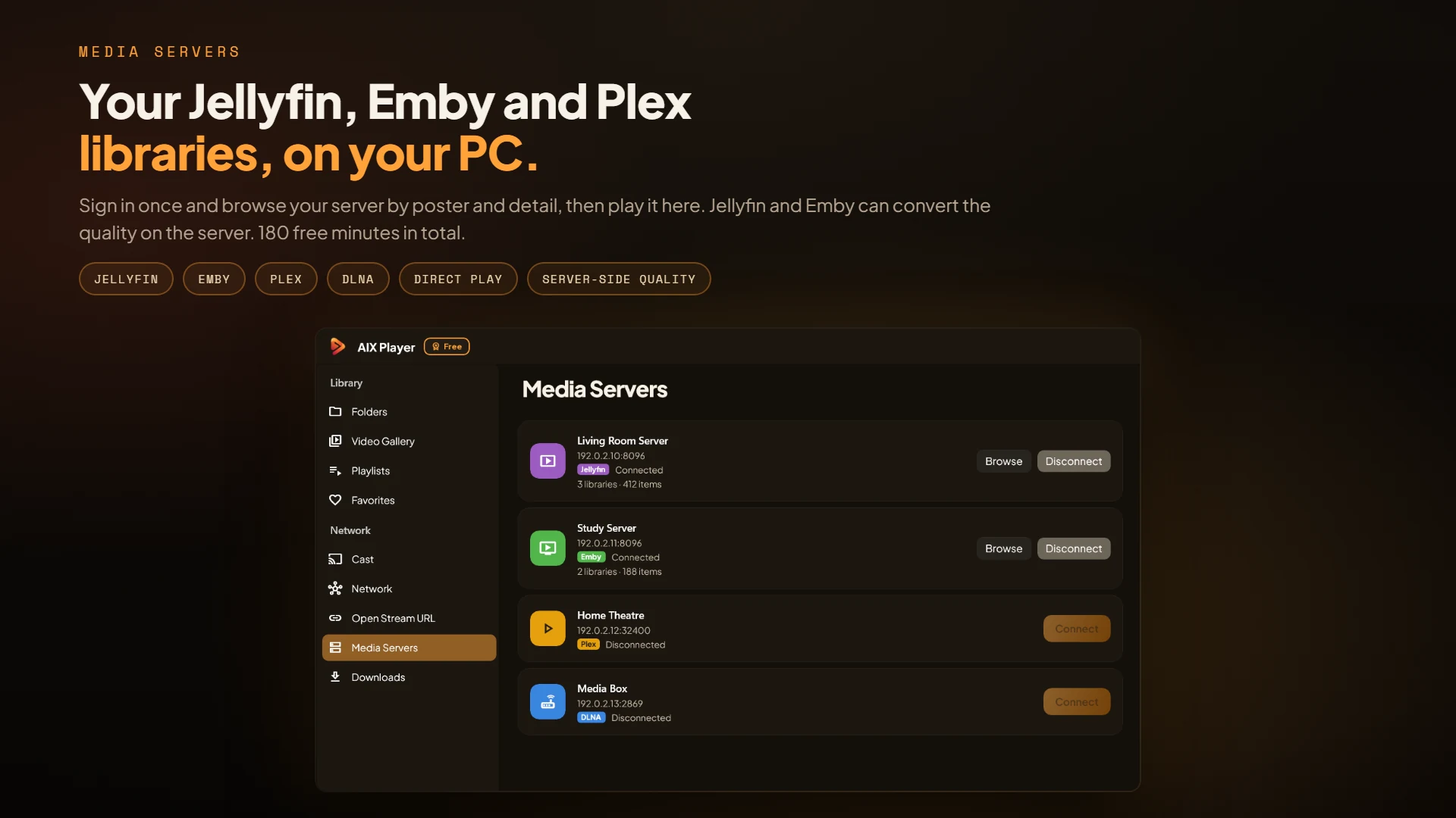 AIX Player Media Servers page listing connected Jellyfin, Emby, Plex and DLNA servers with Browse and Connect controls