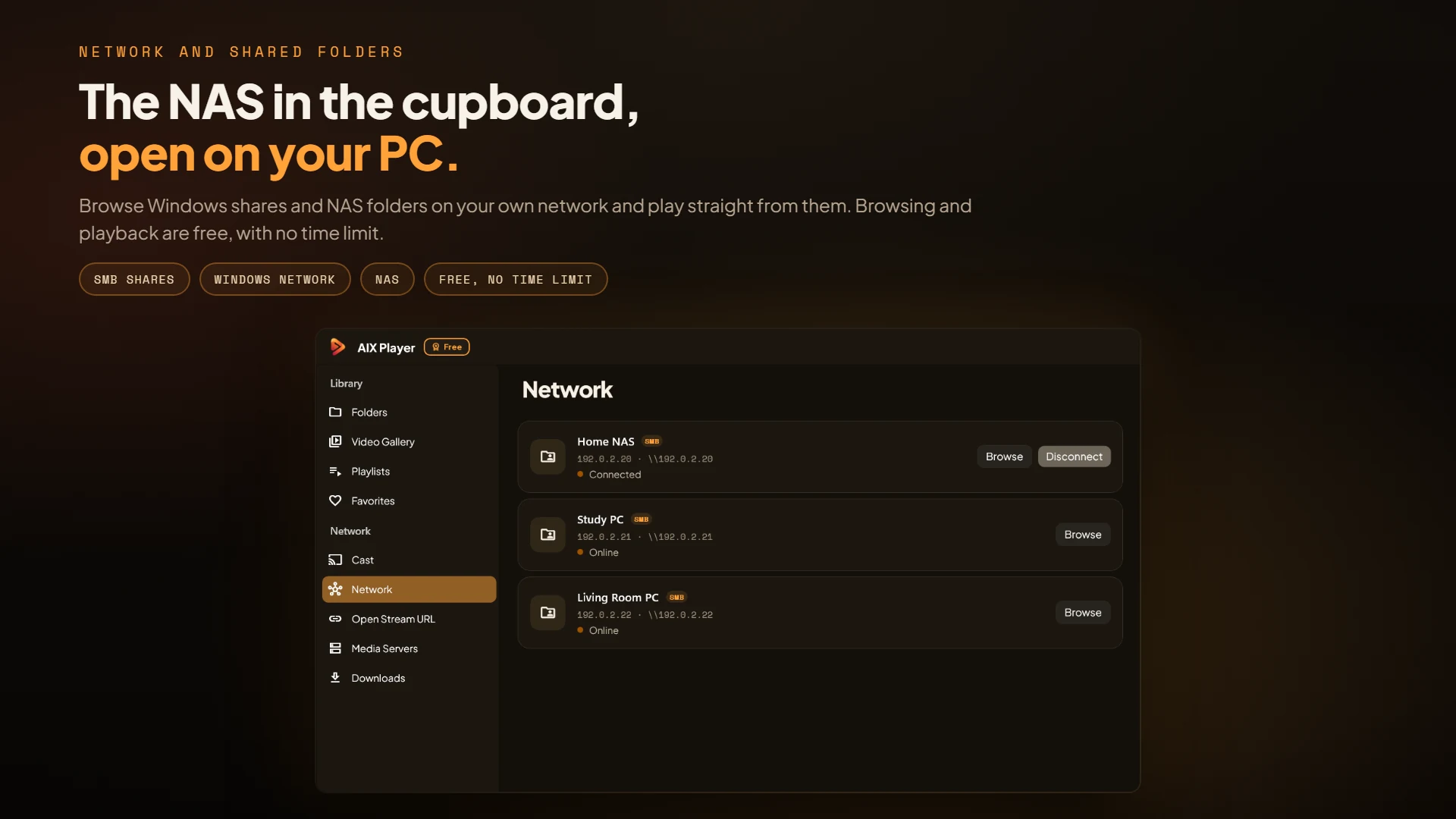 AIX Player Network page listing a home NAS and Windows PCs with Browse and Disconnect controls
